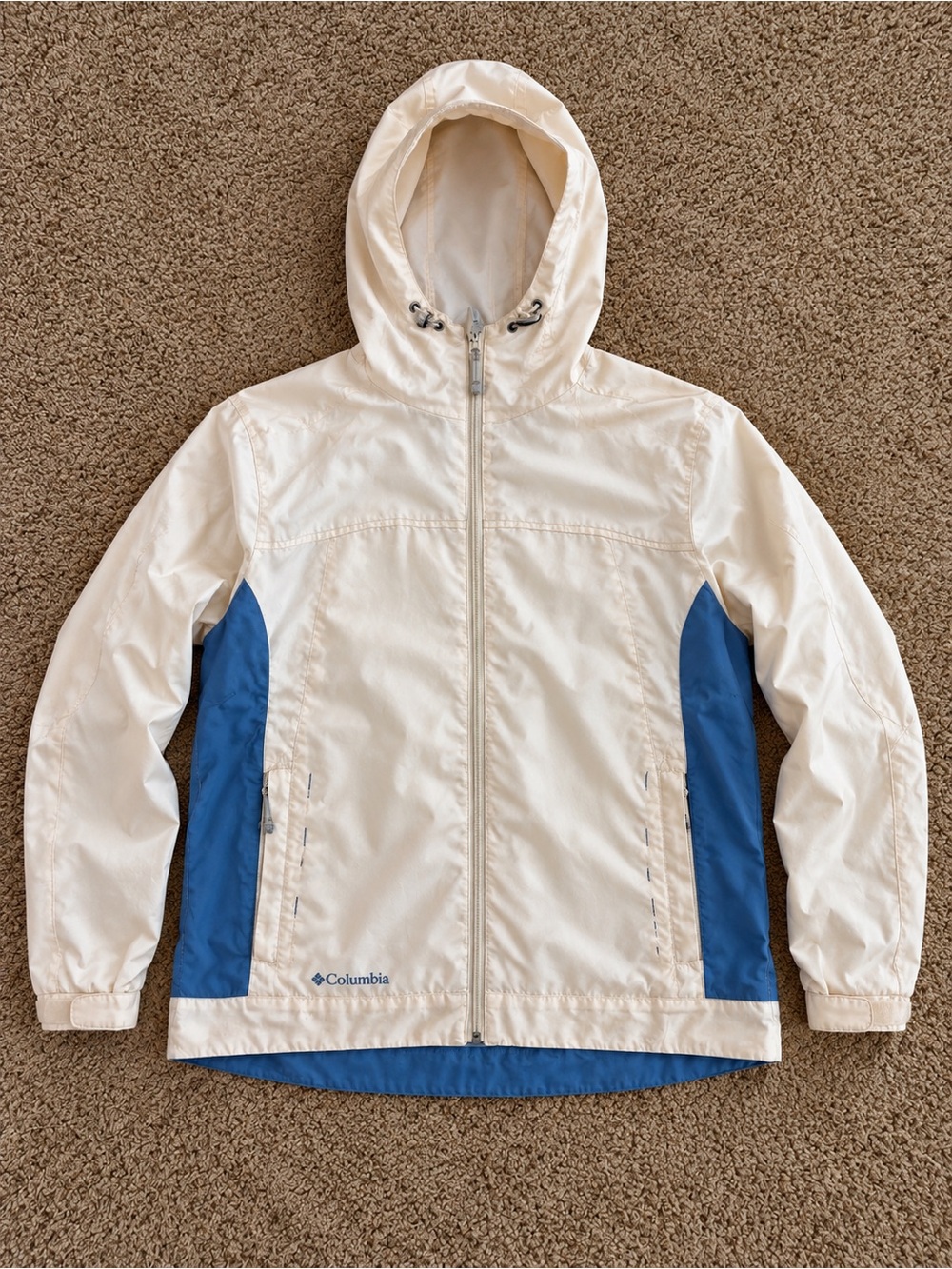 Columbia Cream & Blue Hooded Windbreaker – L